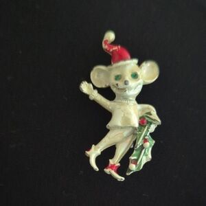 Vintage Christmas Pearlescent Mouse Brooch with Red Santa Hat Green Jeweled Eyes